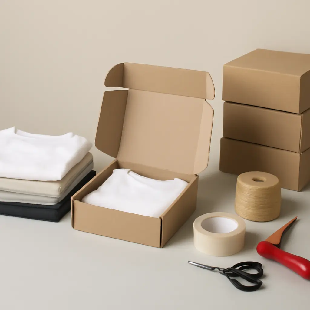 Balení a odeslání triček Balící stolek s připravenými tričky v obálkách, štítky a balicím materiálem