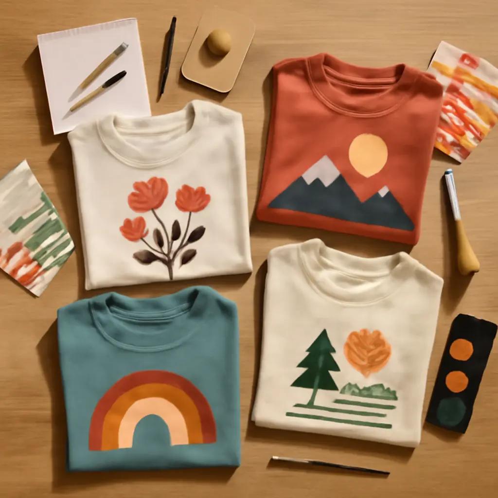 Design triček na stole Ukázka navržených triček ležících na stole s nástroji pro tvorbu