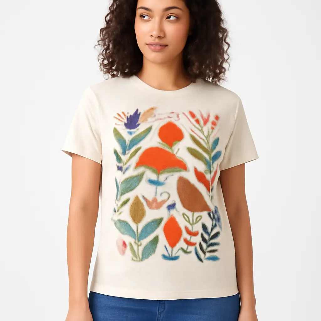 Model nosící tištěné tričko na bílém pozadí