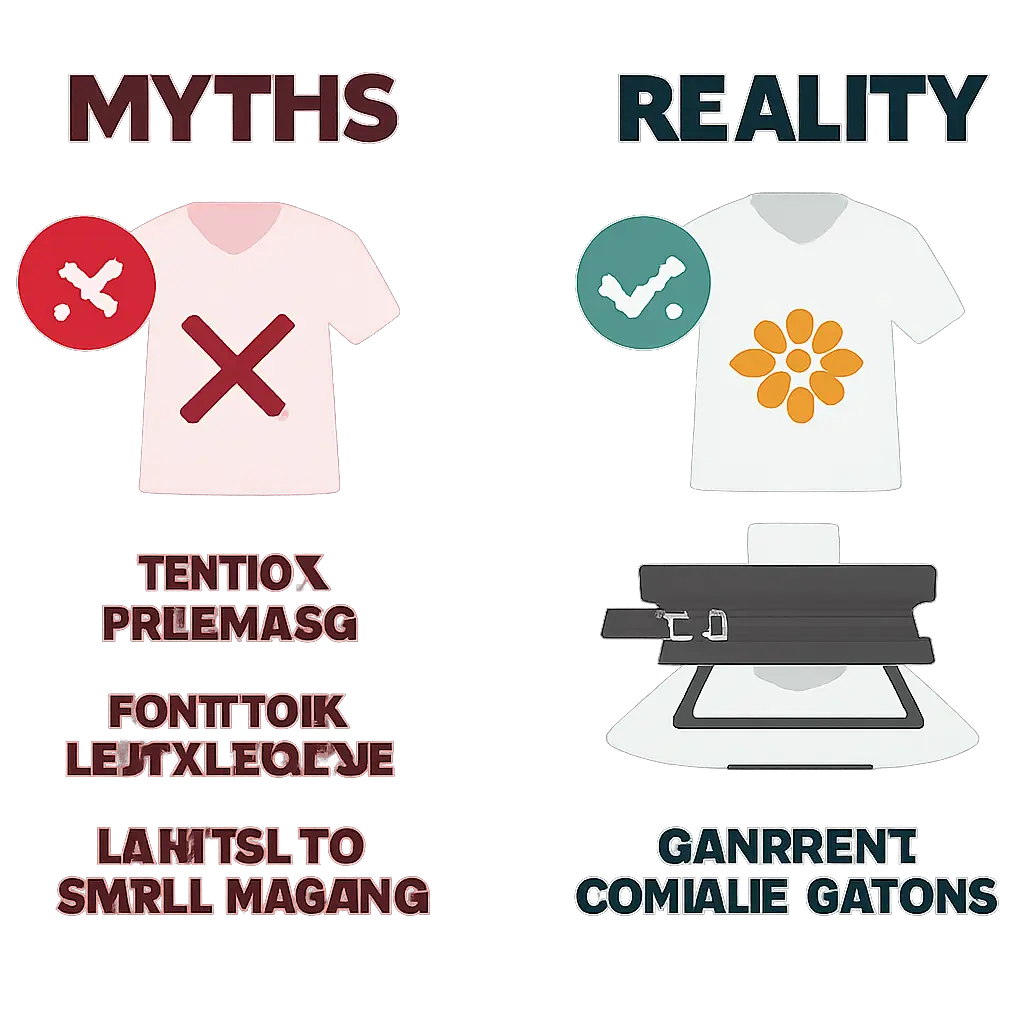 Mýty vs. realita potisku triček Infografika zobrazující rozdíl mezi mýty a skutečností v oblasti potisku triček