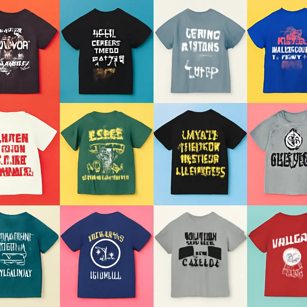 Niche segmenty v potisku triček Ukázka různých specializovaných kategorií potištěných triček pro niche trhy