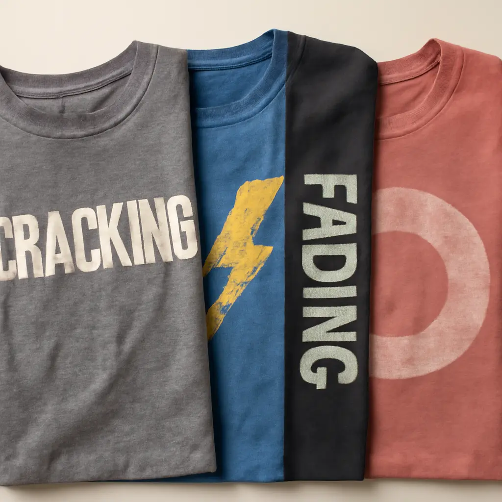 Plechy špatného potisku Série triček s různými chybami potisku, například praskání a vyblednutí