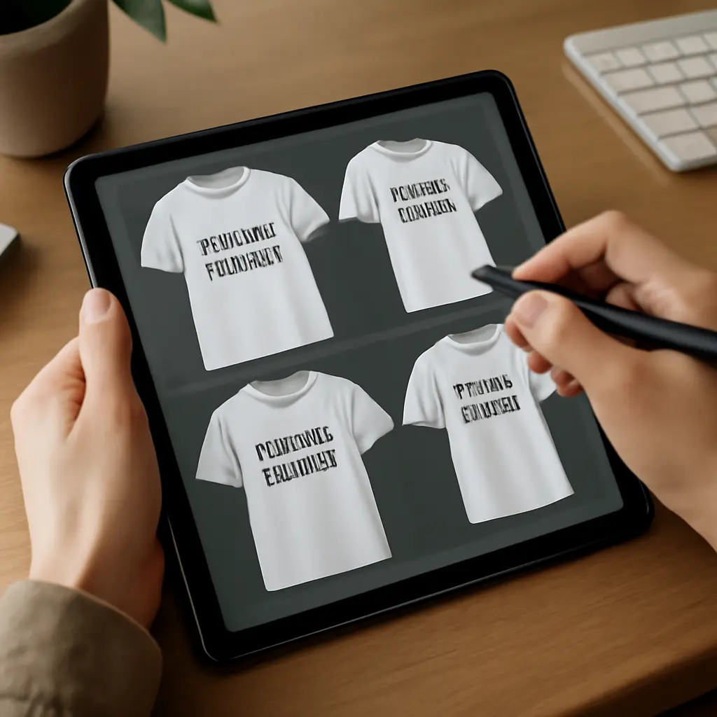 Proces návrhu trička Návrhář pracující na tabletu s náhledy potisků triček