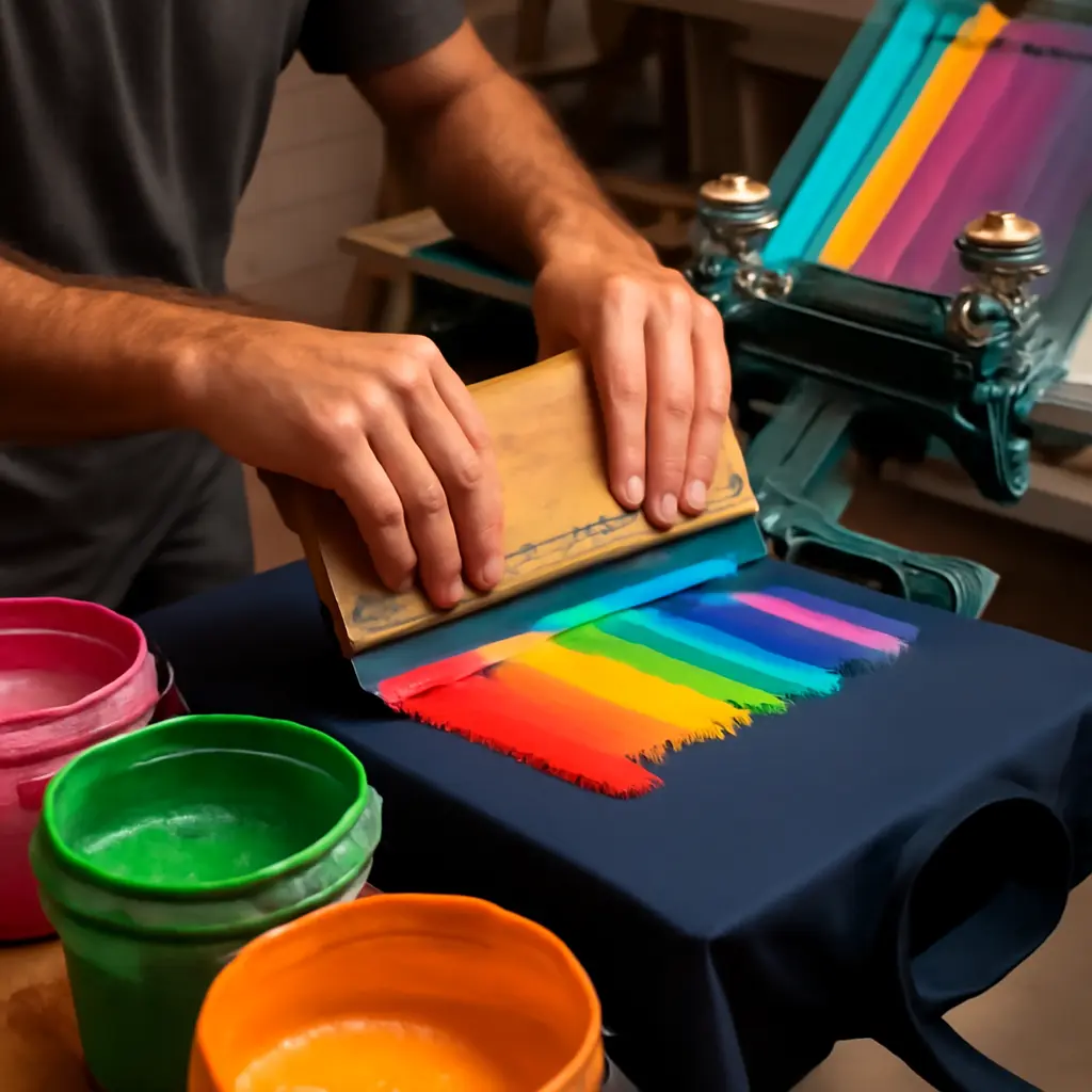 Proces tisku triček Foto procesu potisku triček v malé dílně