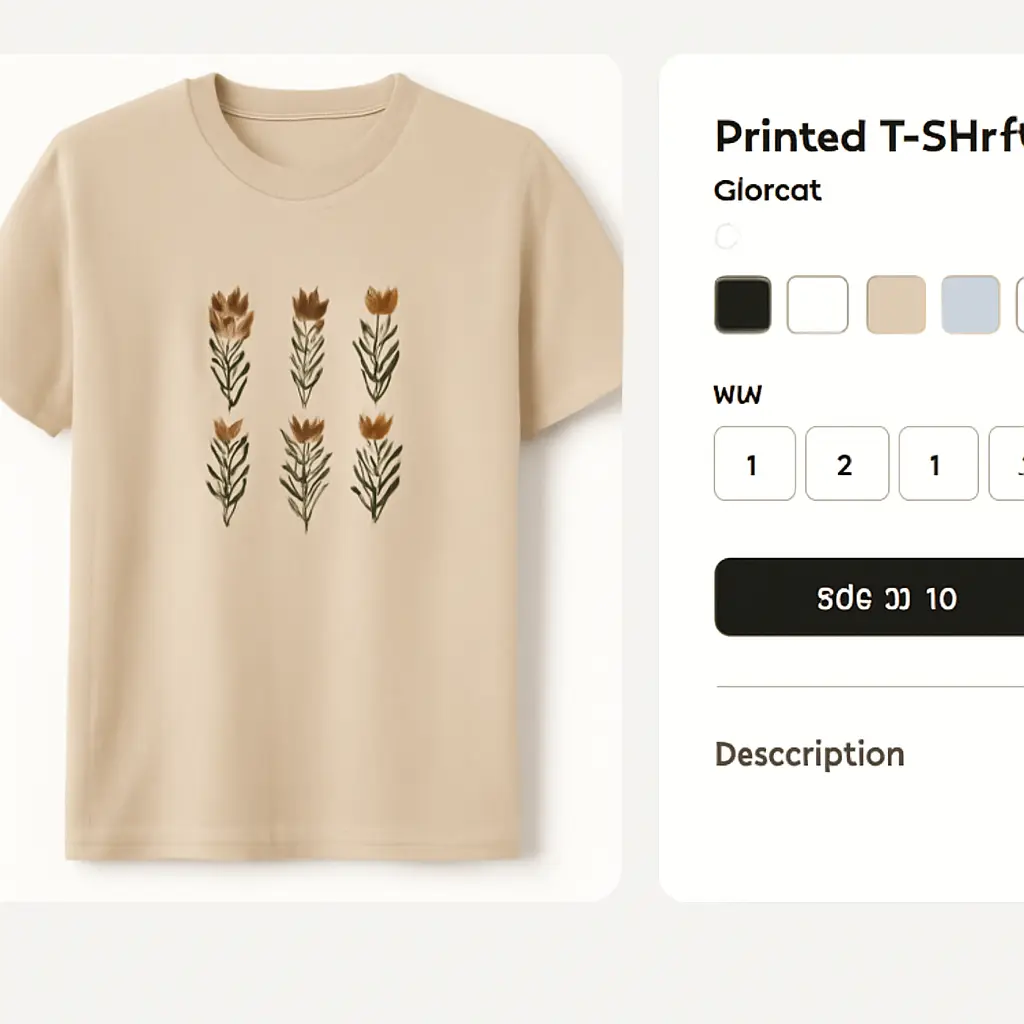 Detail produktu tištěného trička s variantami a popisem