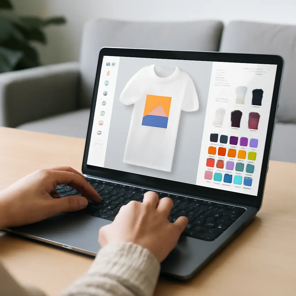 Zákazník vybírá personalizaci Zákazník používající online nástroj pro personalizaci trička